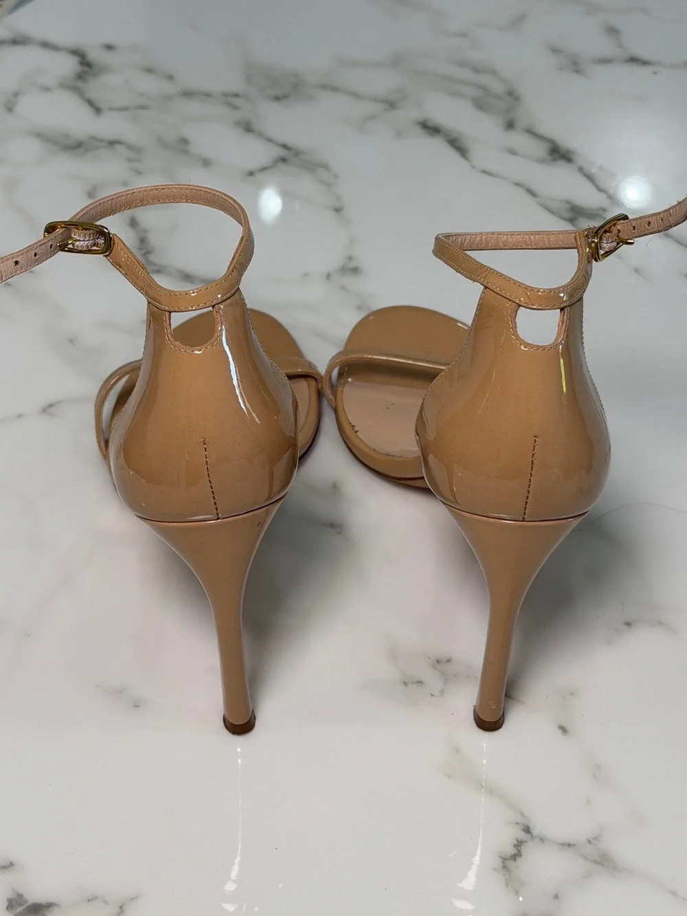 Stuart Weitzman Nude Patent Leather Ankle Strap Heels Size 7.5
